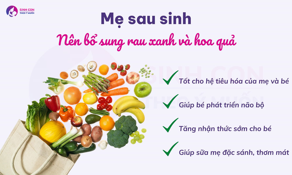 Mẹ sau sinh nên bổ sung các loại rau xanh và hoa quả